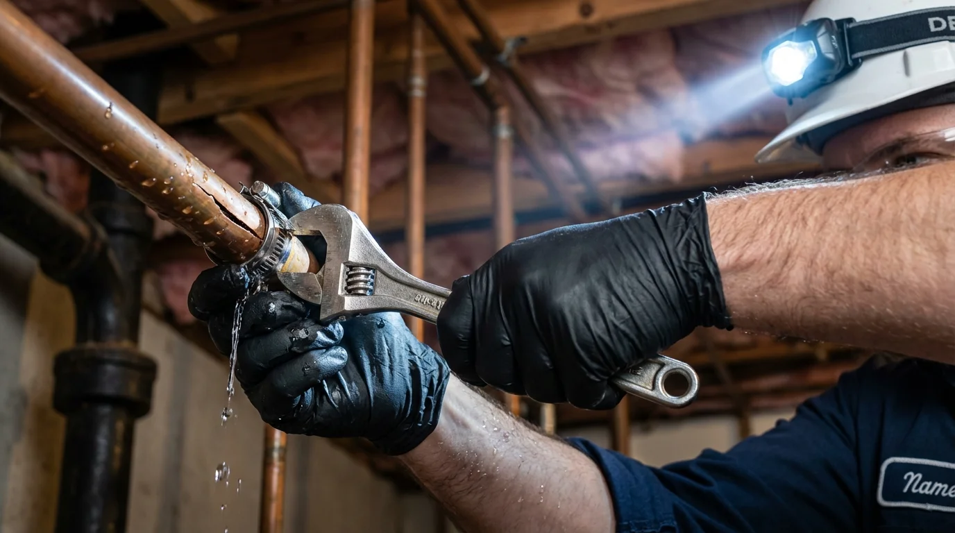 Emergency pipe clamp repair being performed by a Johns Plumbing LLC plumber in Unicoi