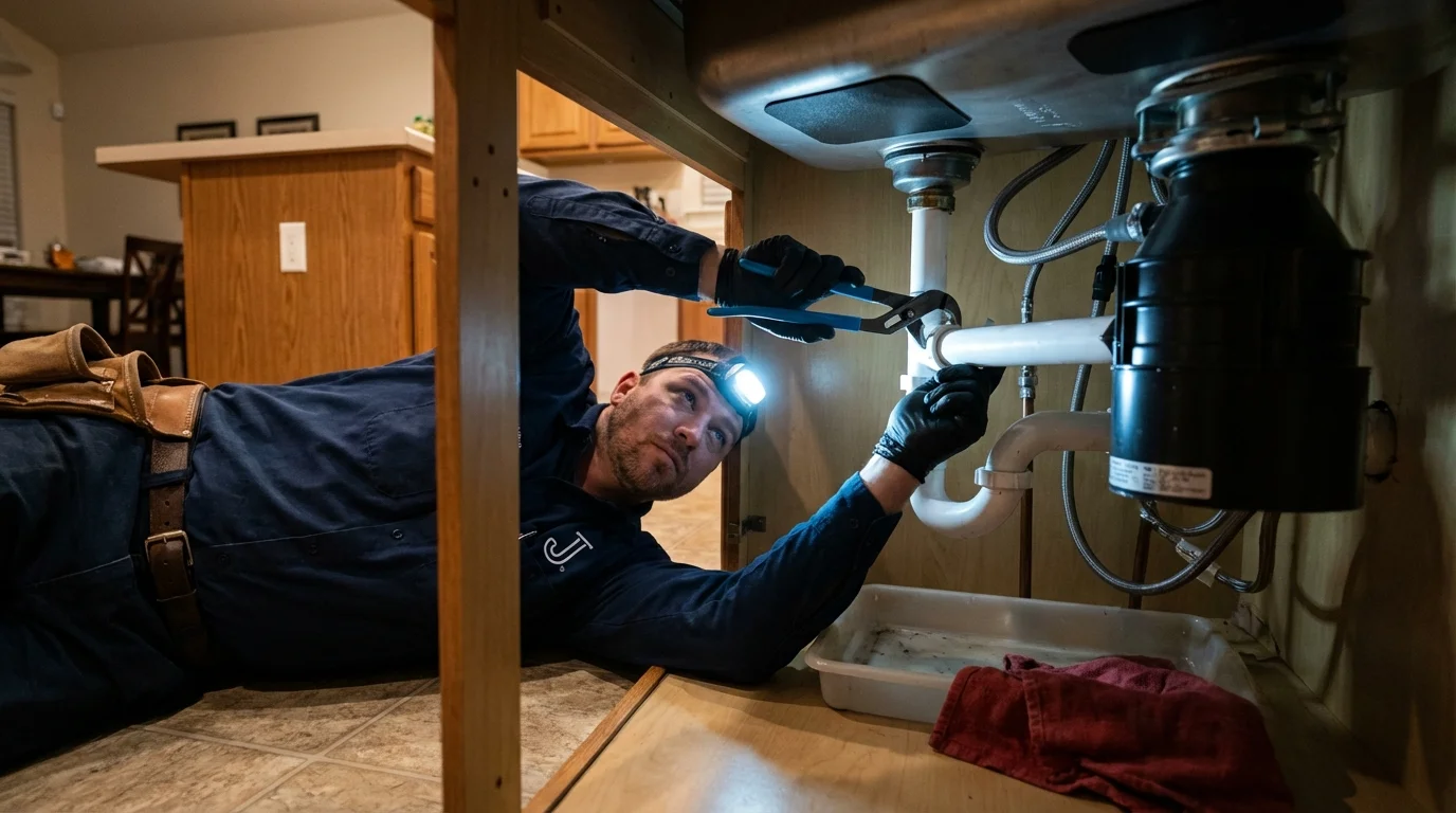 P-trap and supply line connections under a kitchen sink showing a common leak point in Unicoi, TN
